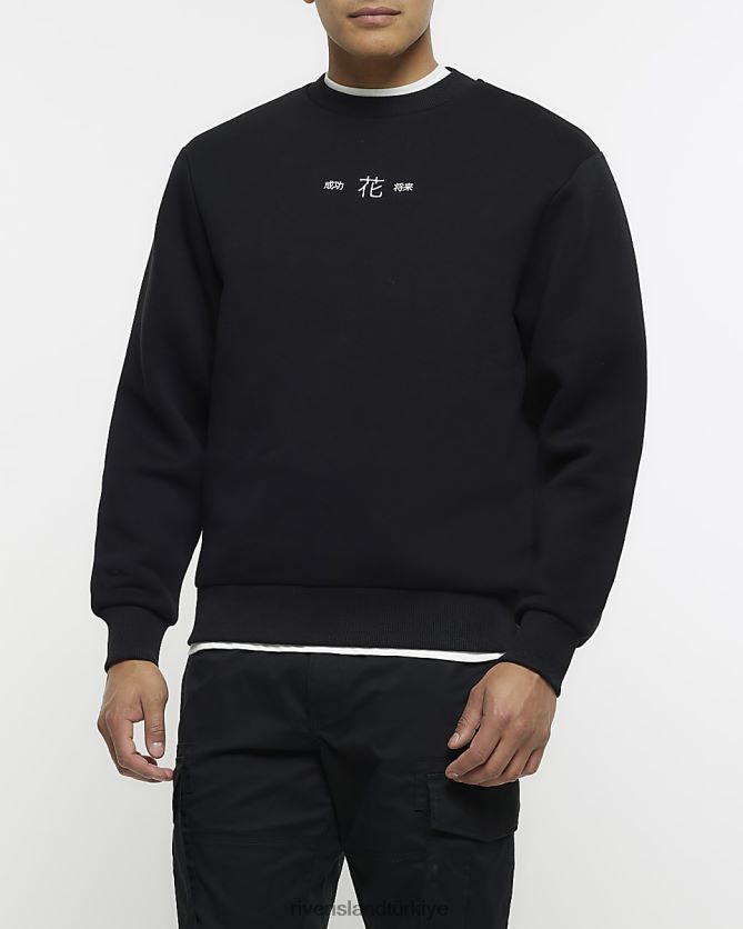 giyim TR River Island erkekler normal kesim japon cicekli sweatshirt siyah H20DTL2882 H20DTL2882 Her duruma uygun Turkiye River Island elbise River Island daki mukemmel gard rop parcalar n ke fedin