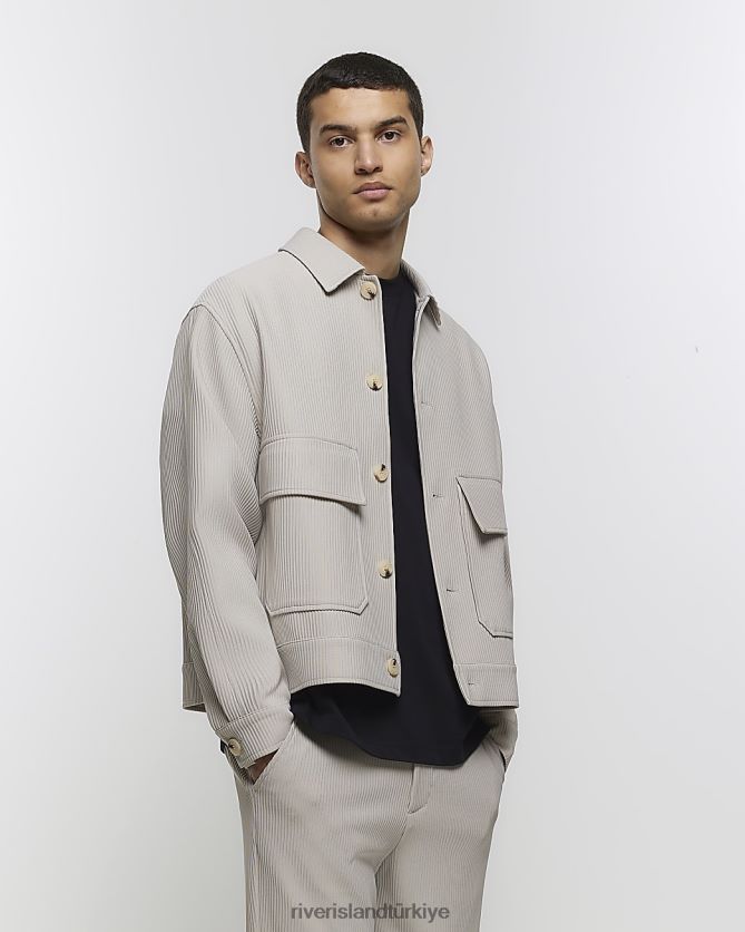 giyim TR River Island erkekler normal kesim plise harrington ceket ekru H20DTL5674 H20DTL5674 Her duruma uygun Turkiye River Island elbise River Island daki mukemmel gard rop parcalar n ke fedin